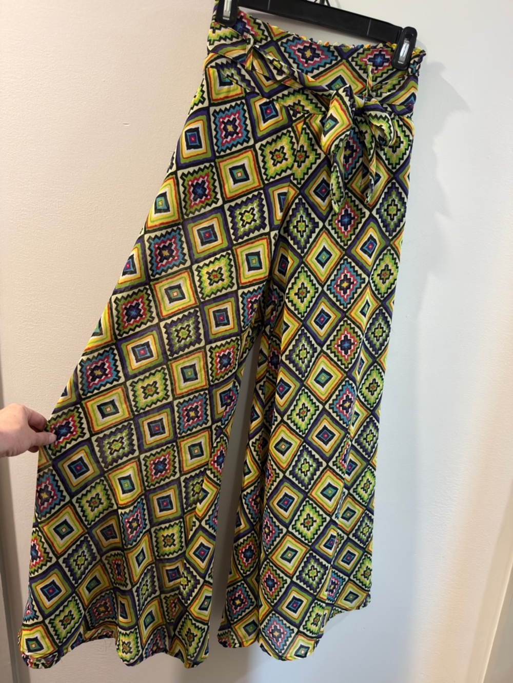 Y2K Colorful Geometric Palazzo Pants w/ Tie Belt 🌈 Wide Leg Sheer Overlay